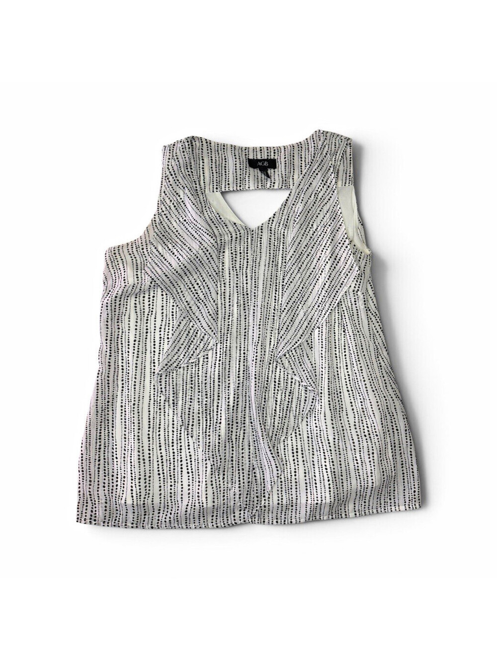 AGB Women's XL V-Neck Sleeveless Ruffle Blouse Black White Polka Dot